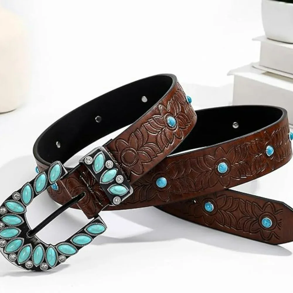 Boho Western Turquoise Belt Cowgirl Brown Statement Buckle Genuine Leather